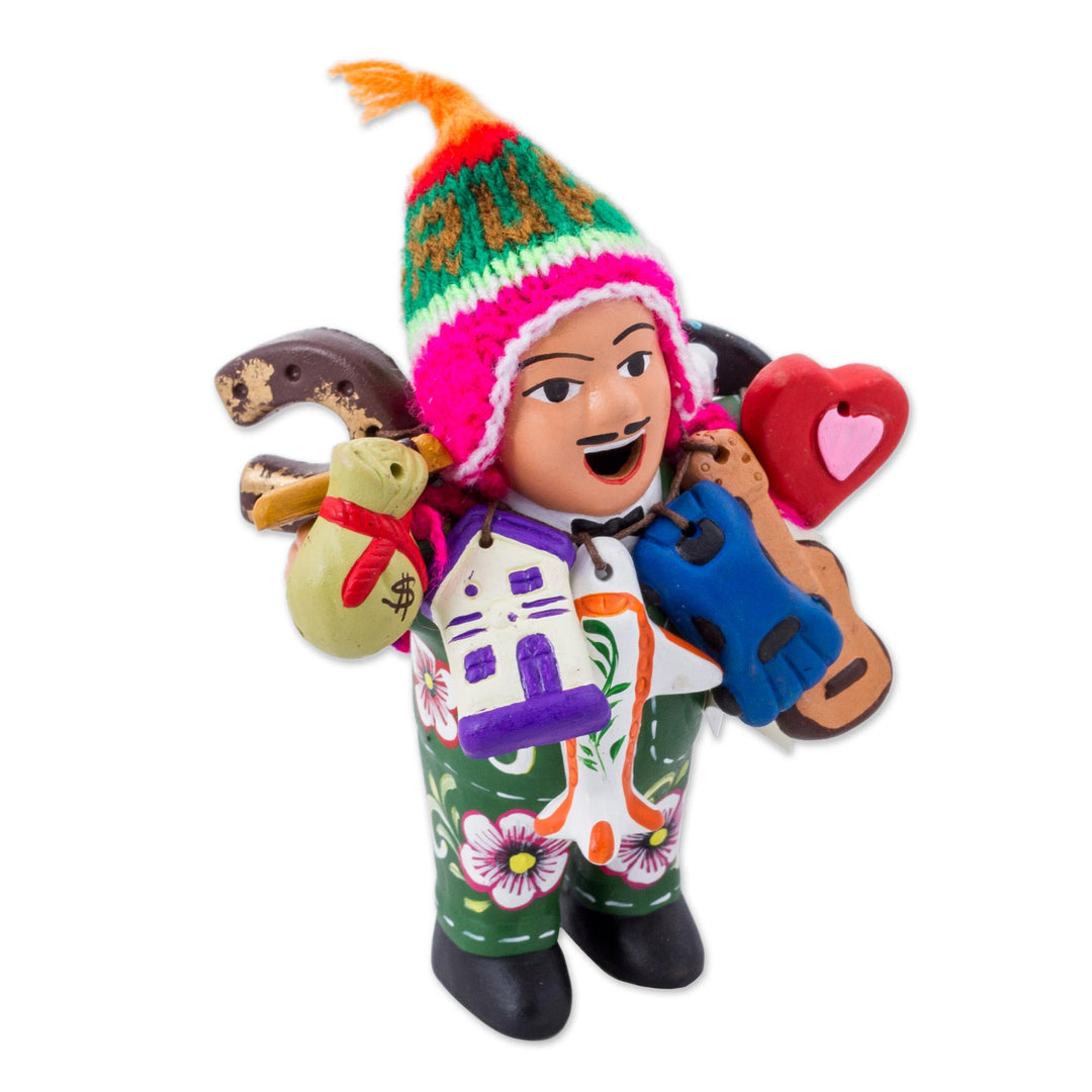 Painted Floral Ekeko Sculpture with Wool Cap from Peru - Jolly Ekeko