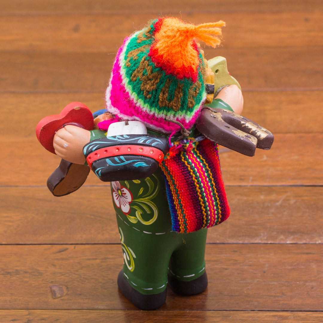 Painted Floral Ekeko Sculpture with Wool Cap from Peru - Jolly Ekeko