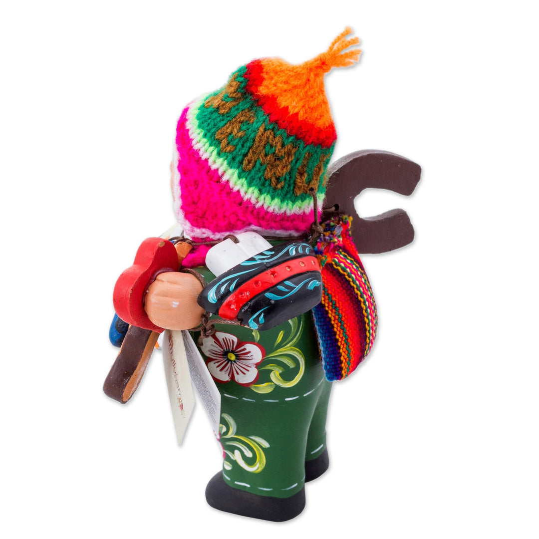 Painted Floral Ekeko Sculpture with Wool Cap from Peru - Jolly Ekeko