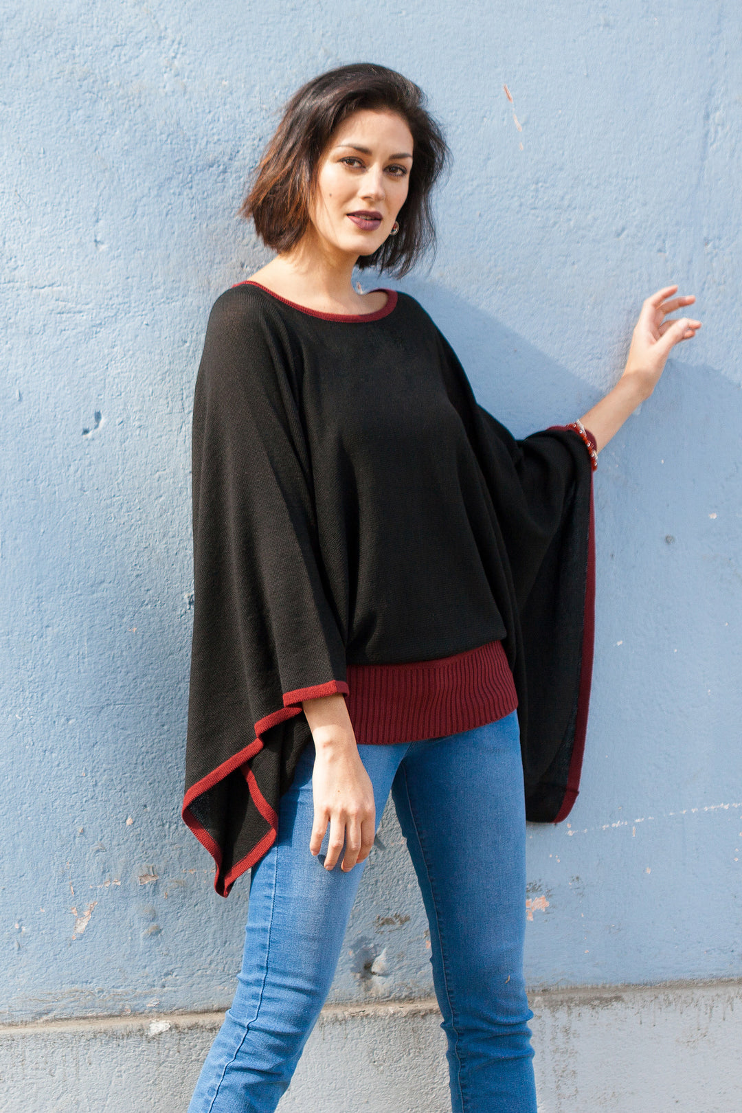 Peruvian Knit Bohemian Sweater in Black and Burgundy - Black Burgundy Dance