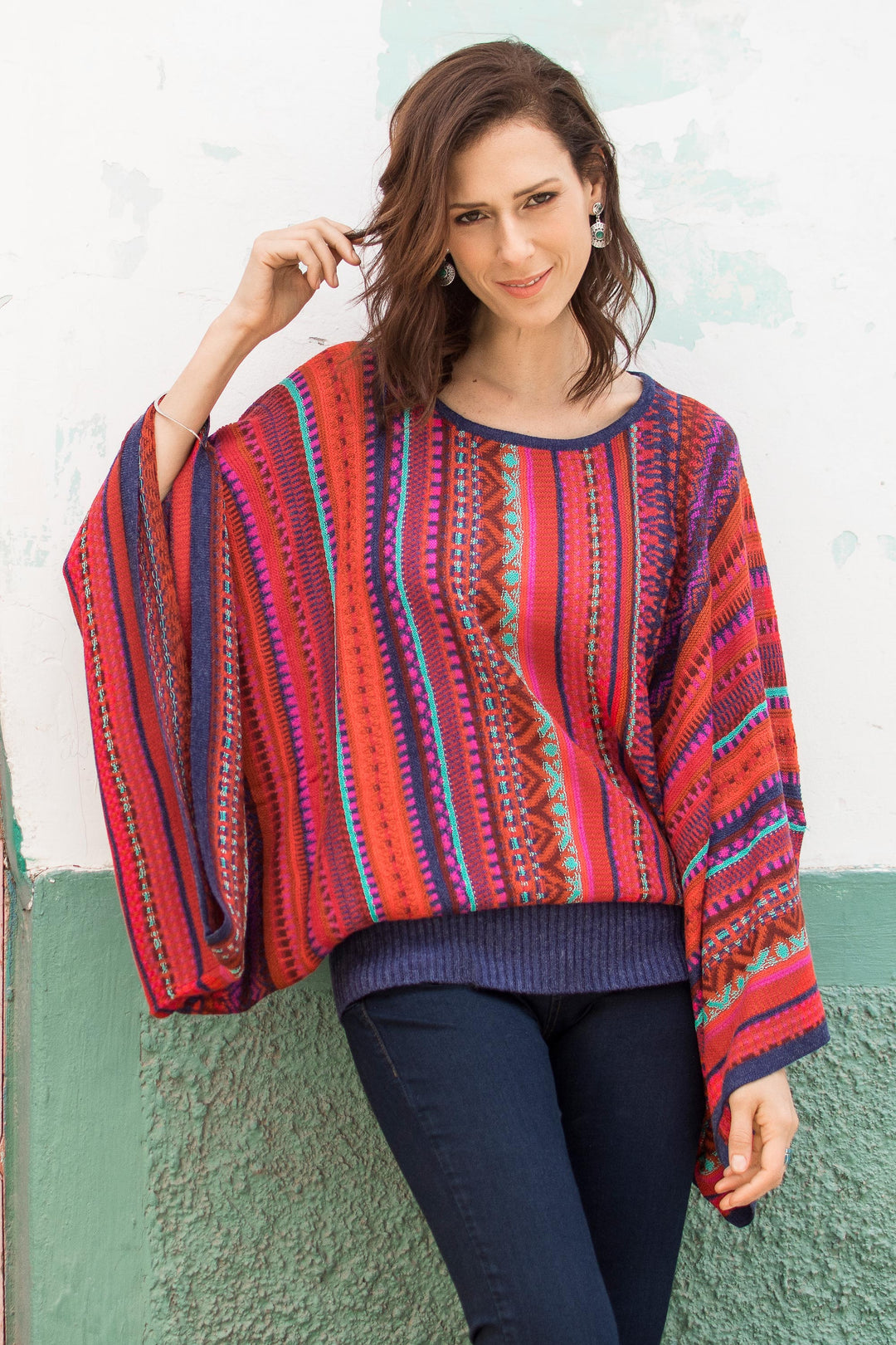 Peruvian Knit Bohemian Drape Sweater in Multicolor Pattern - Cuzco Dance