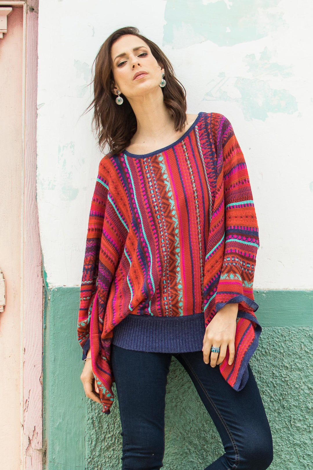 Peruvian Knit Bohemian Drape Sweater in Multicolor Pattern - Cuzco Dance