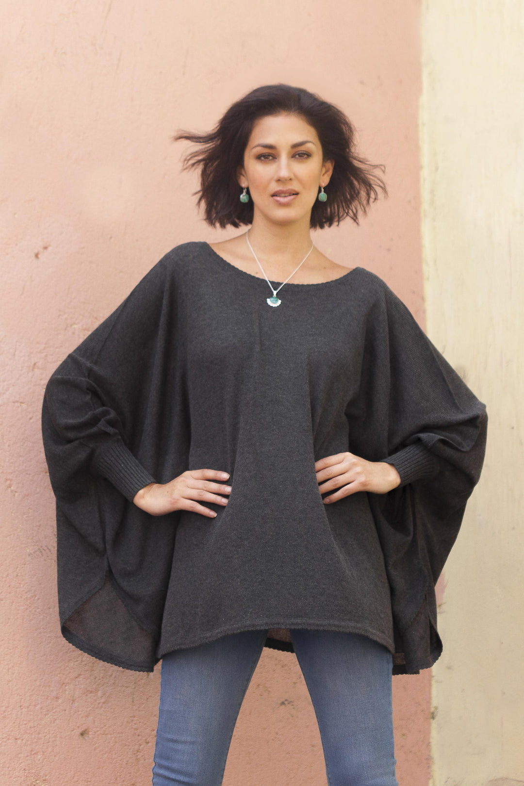 Soft Knit Bohemian Style Charcoal Drape Sweater from Peru - Charcoal Breeze