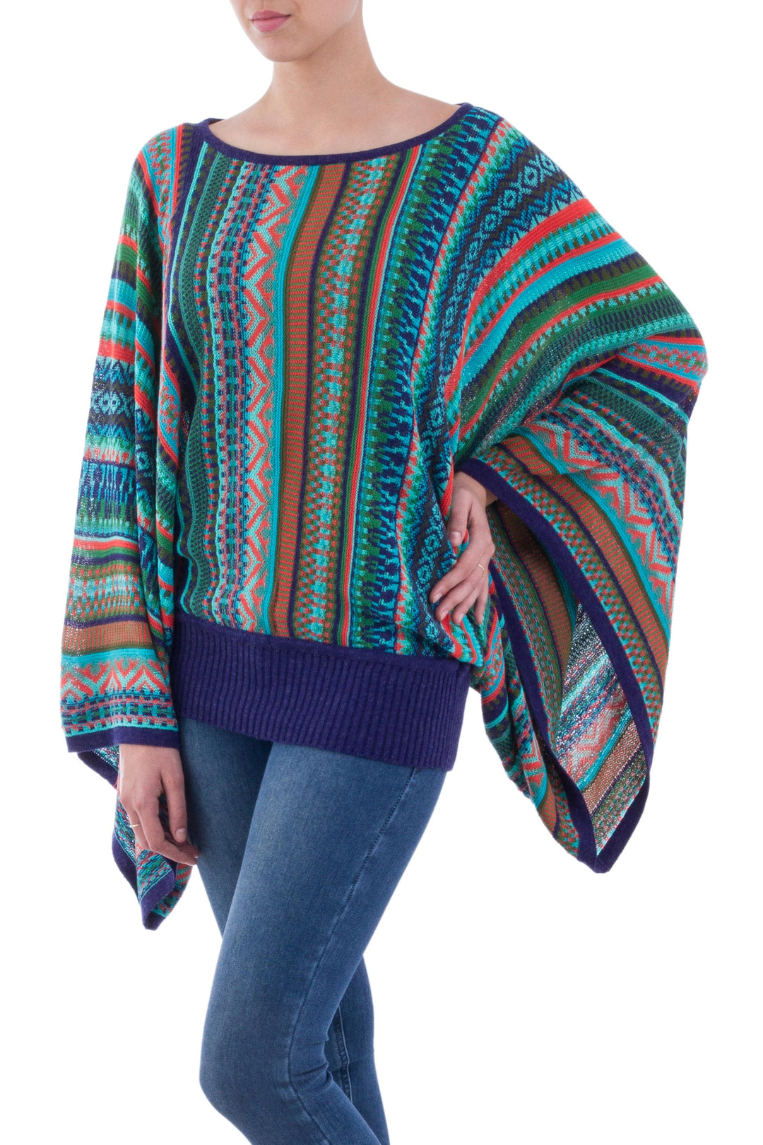 Bohemian Knit Sweater from Peru in Turquoise Stripes - Lima Dance