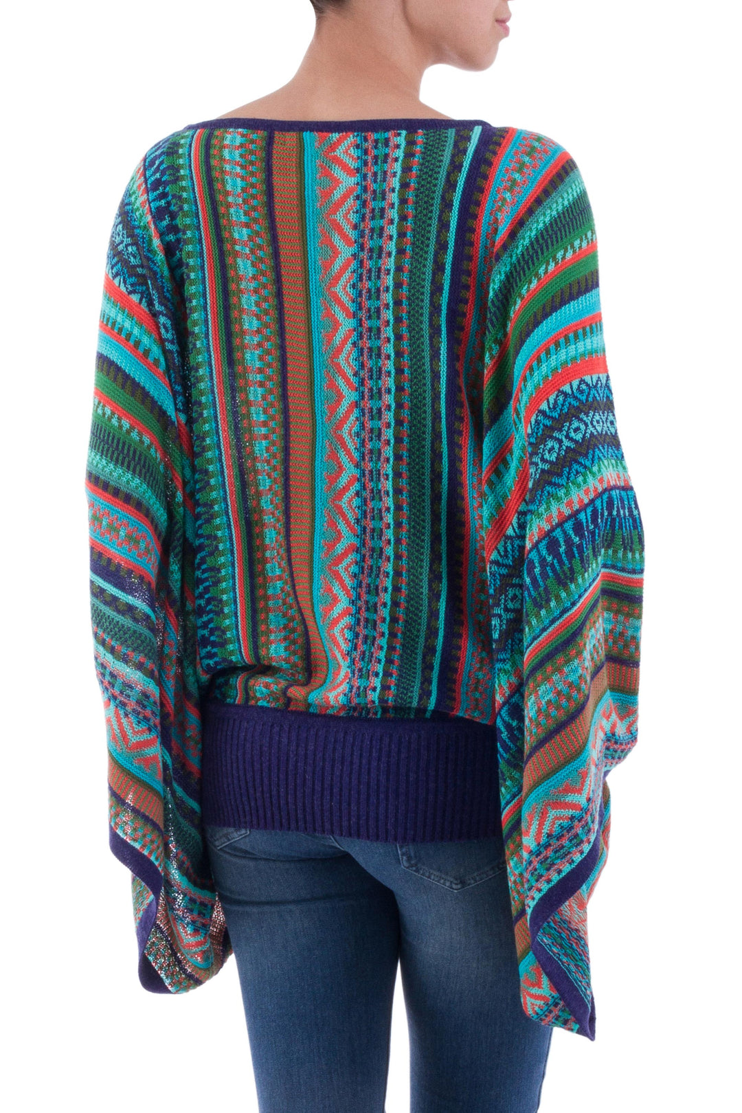 Bohemian Knit Sweater from Peru in Turquoise Stripes - Lima Dance