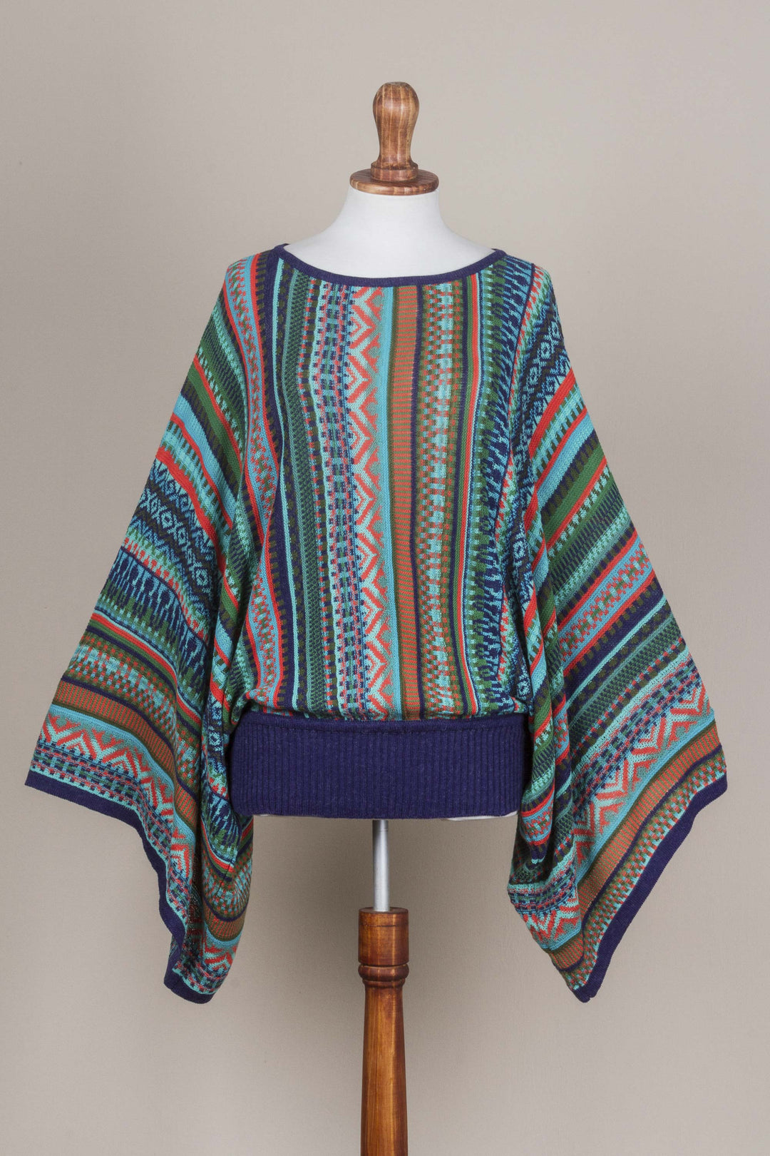 Bohemian Knit Sweater from Peru in Turquoise Stripes - Lima Dance