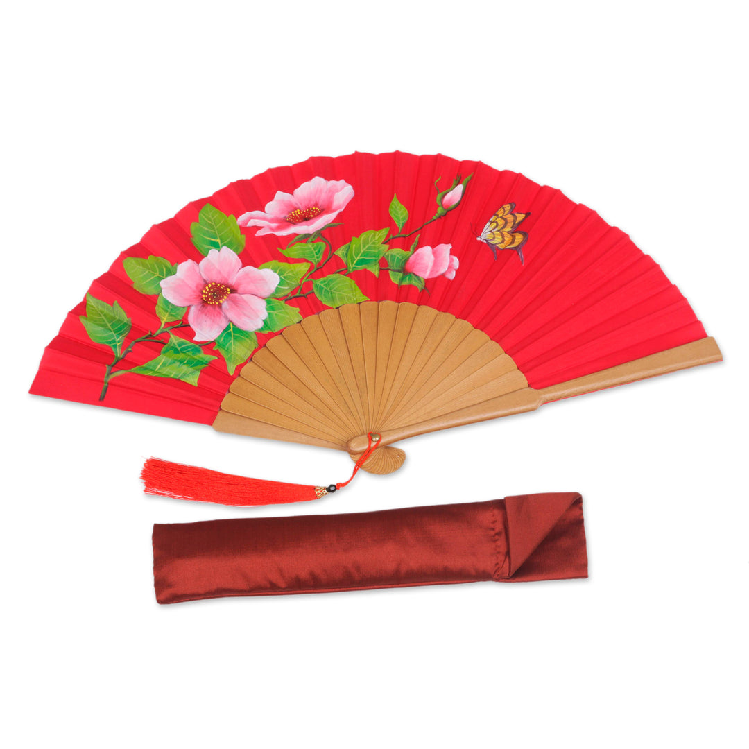 Silk and Wood Fan with Floral Motifs on Crimson Indonesia - Empress Garden in Crimson