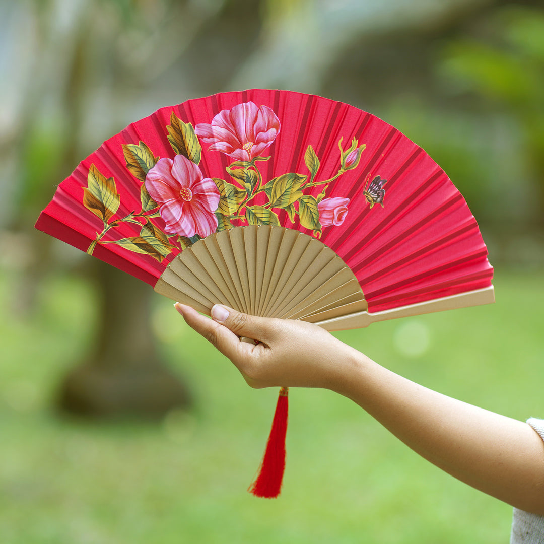 Silk and Wood Fan with Floral Motifs on Crimson Indonesia - Empress Garden in Crimson