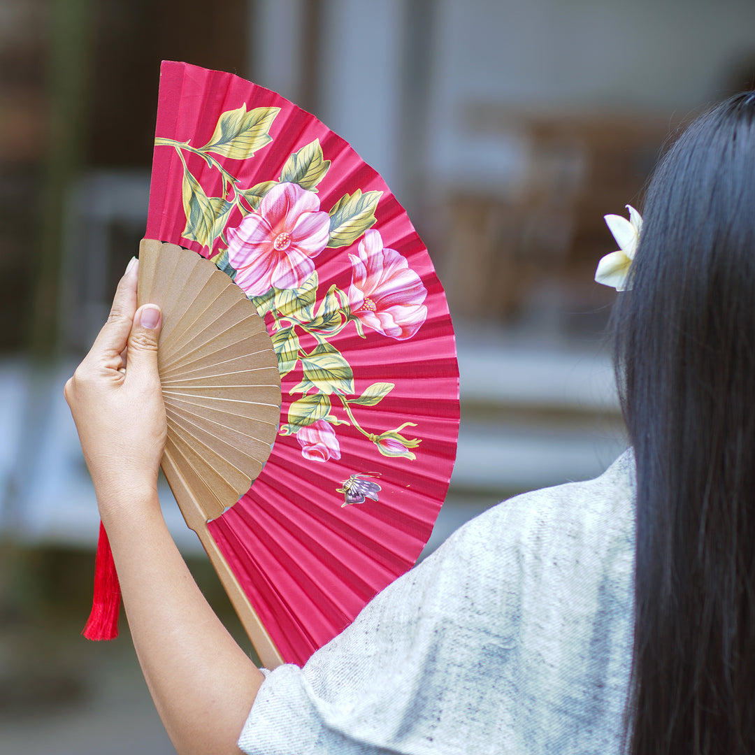 Silk and Wood Fan with Floral Motifs on Crimson Indonesia - Empress Garden in Crimson