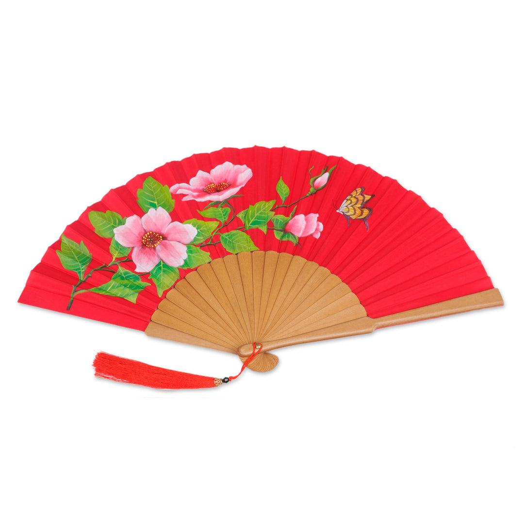 Silk and Wood Fan with Floral Motifs on Crimson Indonesia - Empress Garden in Crimson