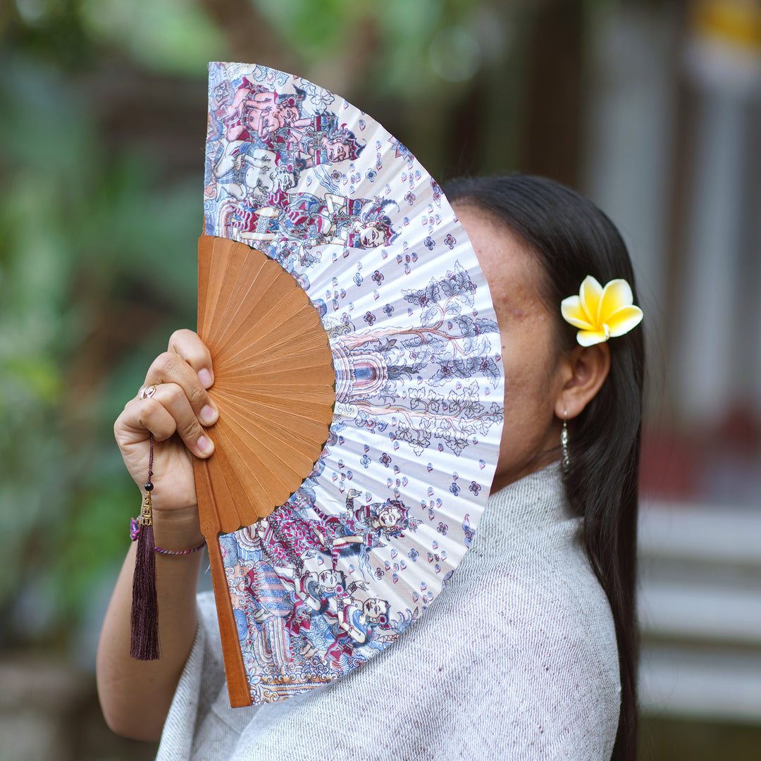 Silk and Wood Fan with Hindu Motifs in Wheat and Crimson - Rama Sita