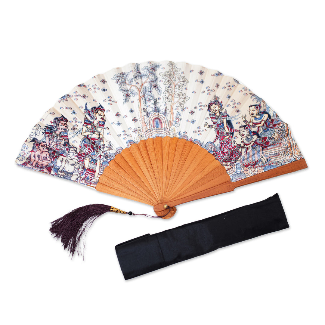 Silk and Wood Fan with Hindu Motifs in Wheat and Crimson - Rama Sita