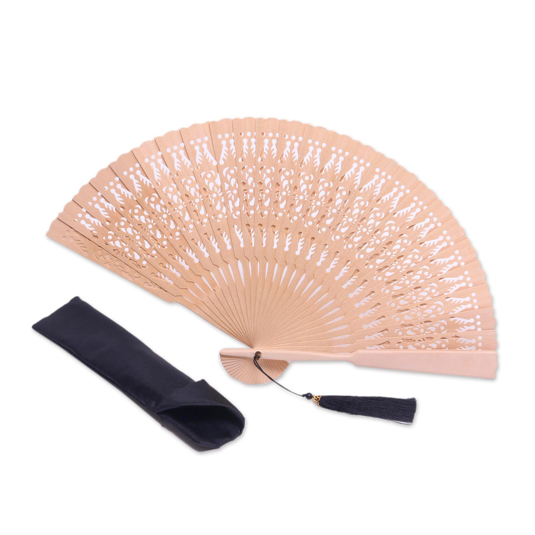Hand Made Wood Fan in Natural with Pouch from Indonesia - Serenity Bloom in Natural