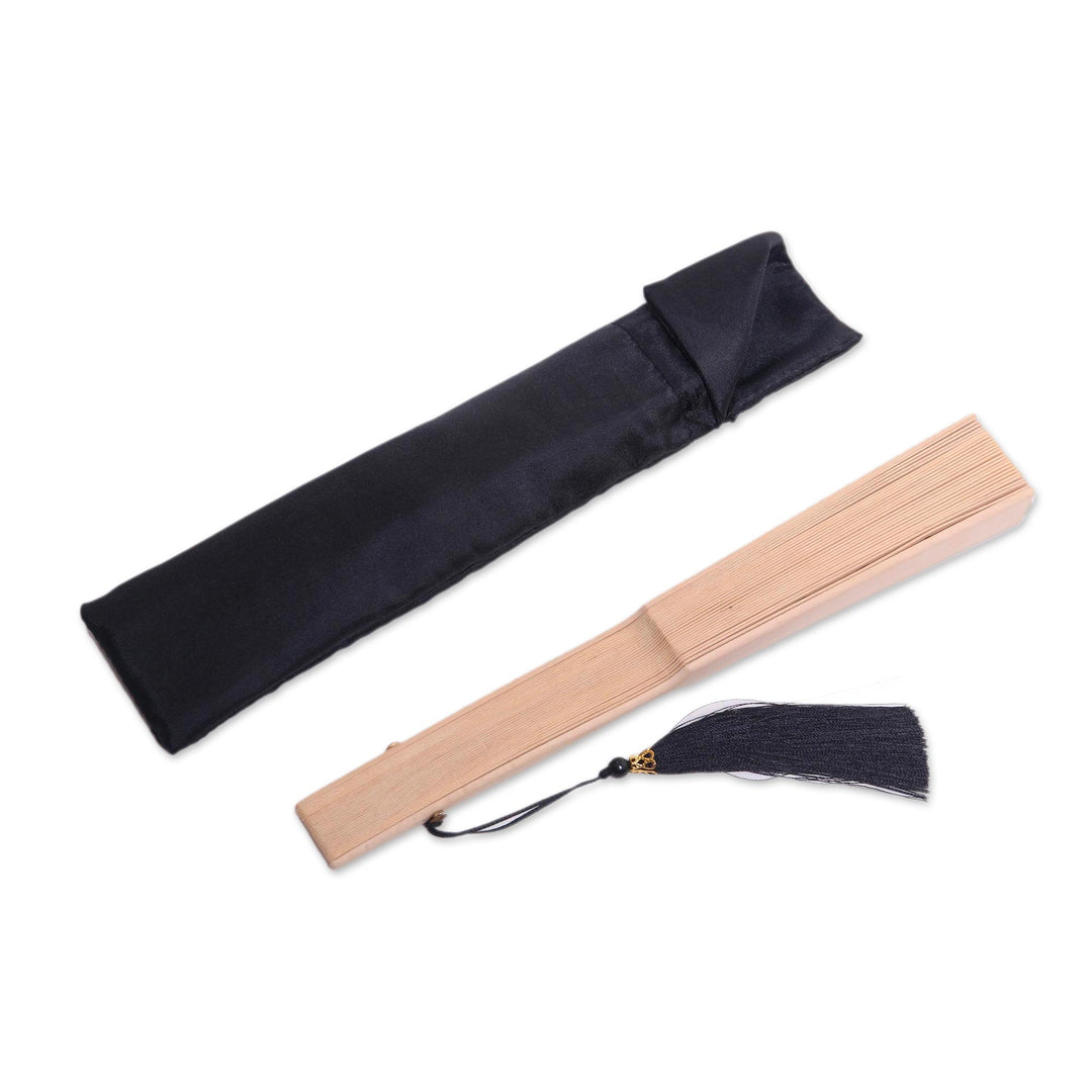 Hand Made Wood Fan in Natural with Pouch from Indonesia - Serenity Bloom in Natural