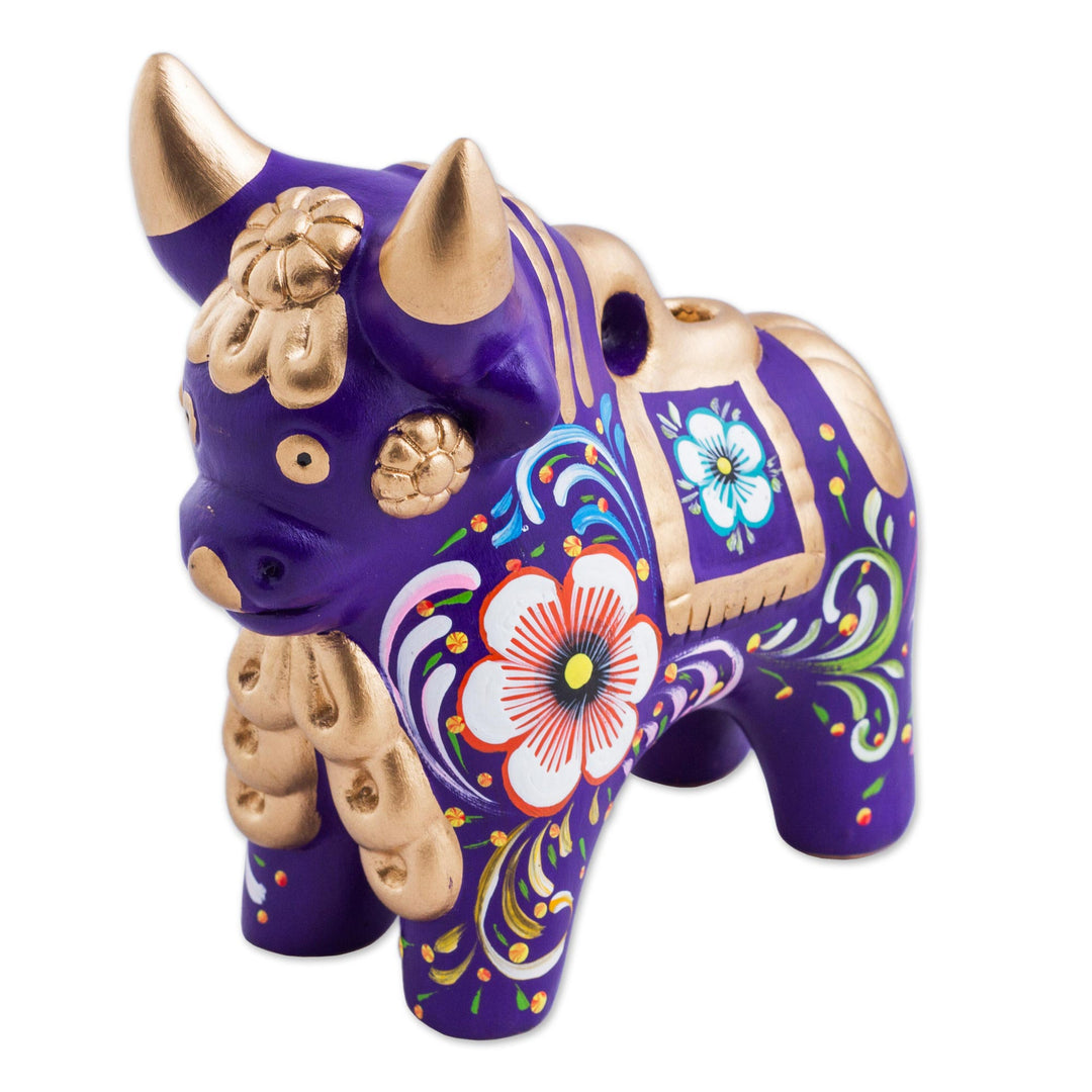 Purple Floral Painted Ceramic Bull Sculpture from Peru - Purple Pucara Bull