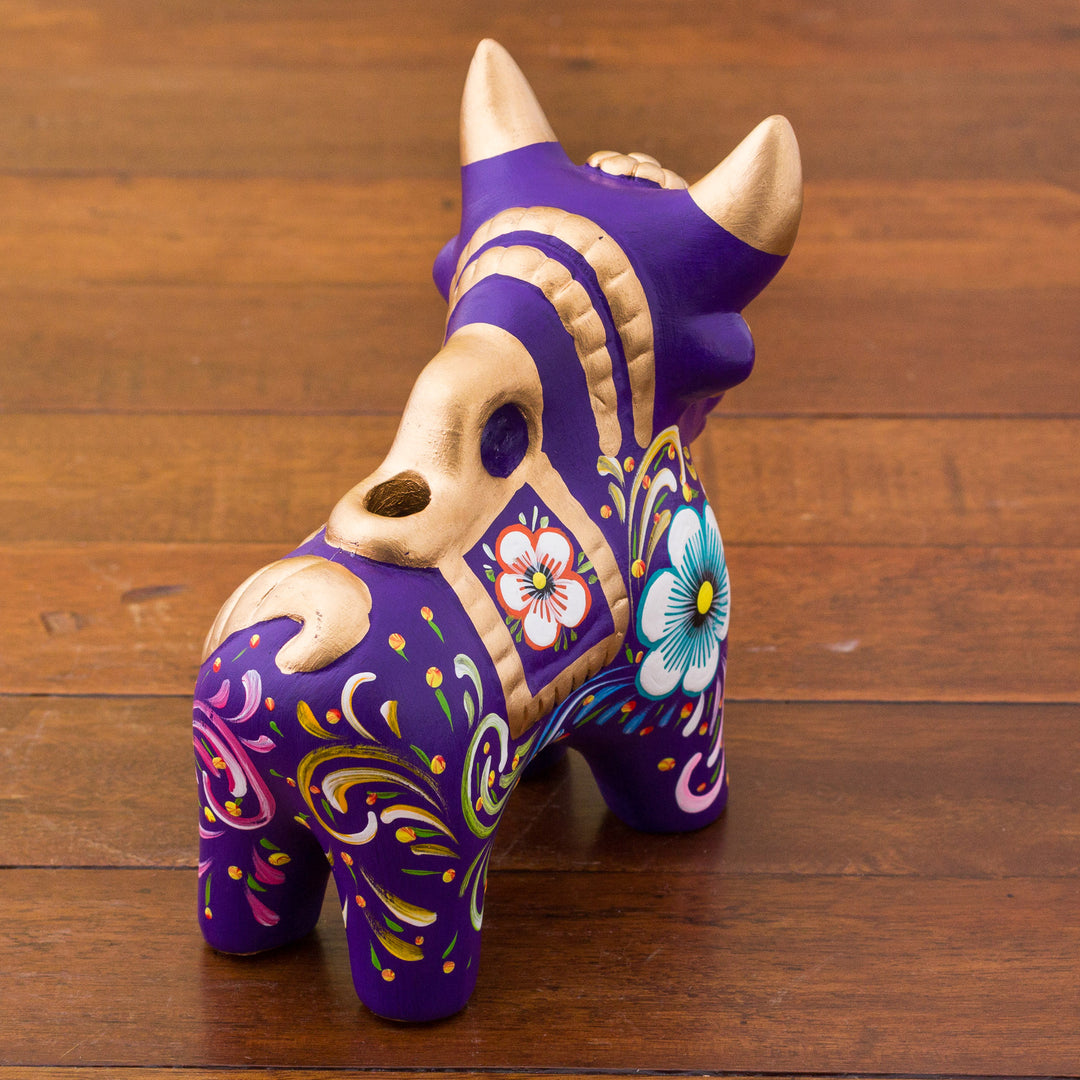 Purple Floral Painted Ceramic Bull Sculpture from Peru - Purple Pucara Bull