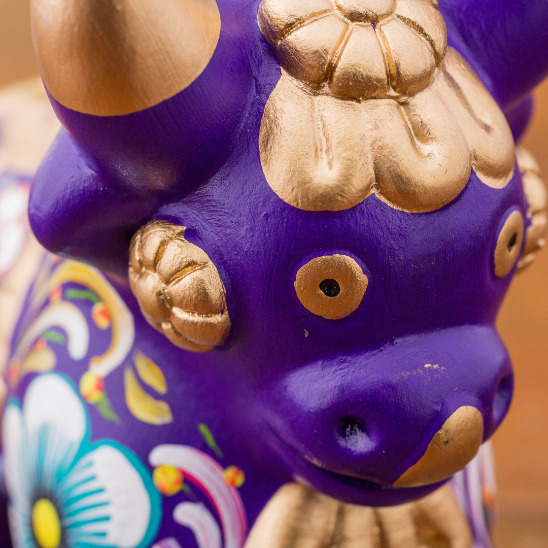 Purple Floral Painted Ceramic Bull Sculpture from Peru - Purple Pucara Bull