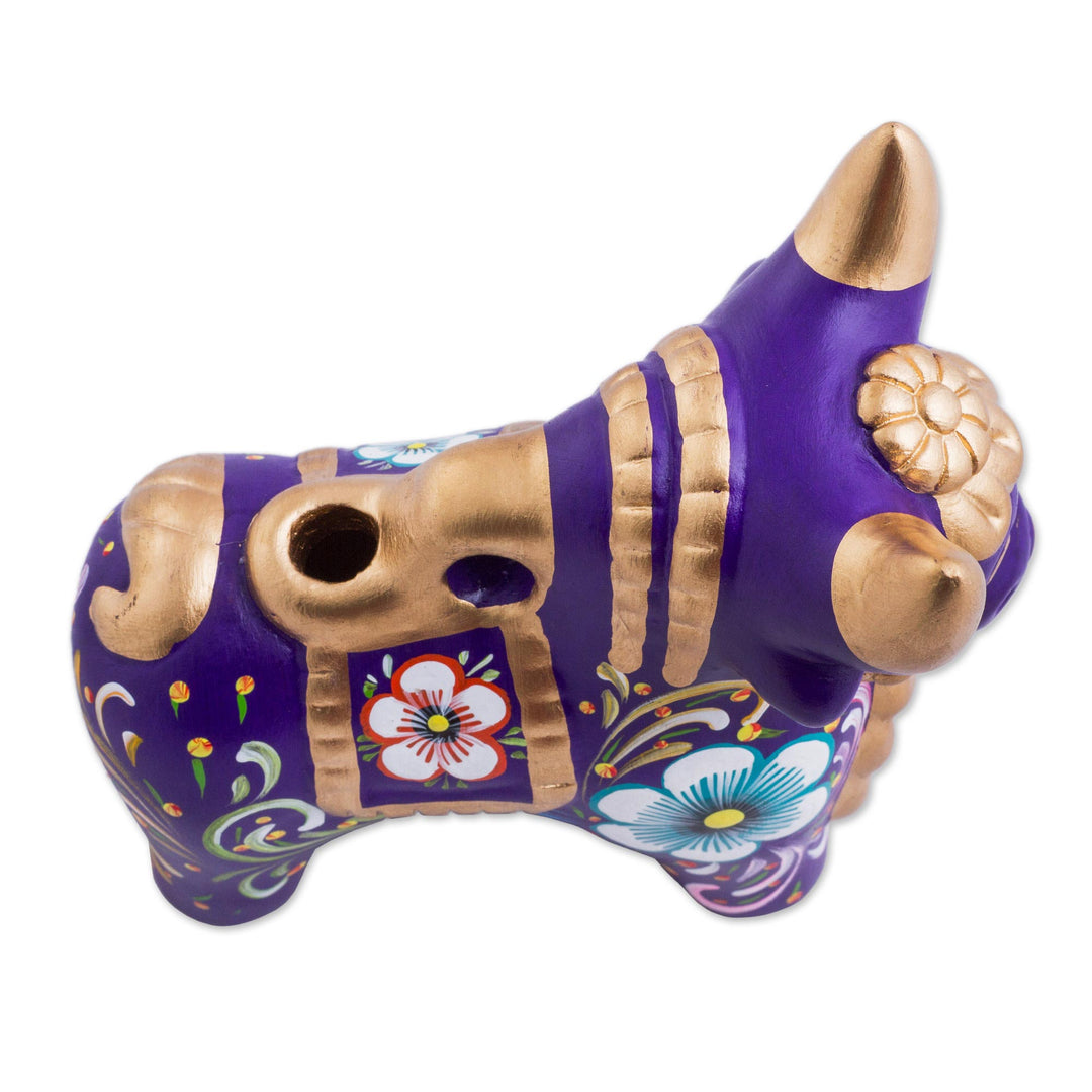 Purple Floral Painted Ceramic Bull Sculpture from Peru - Purple Pucara Bull