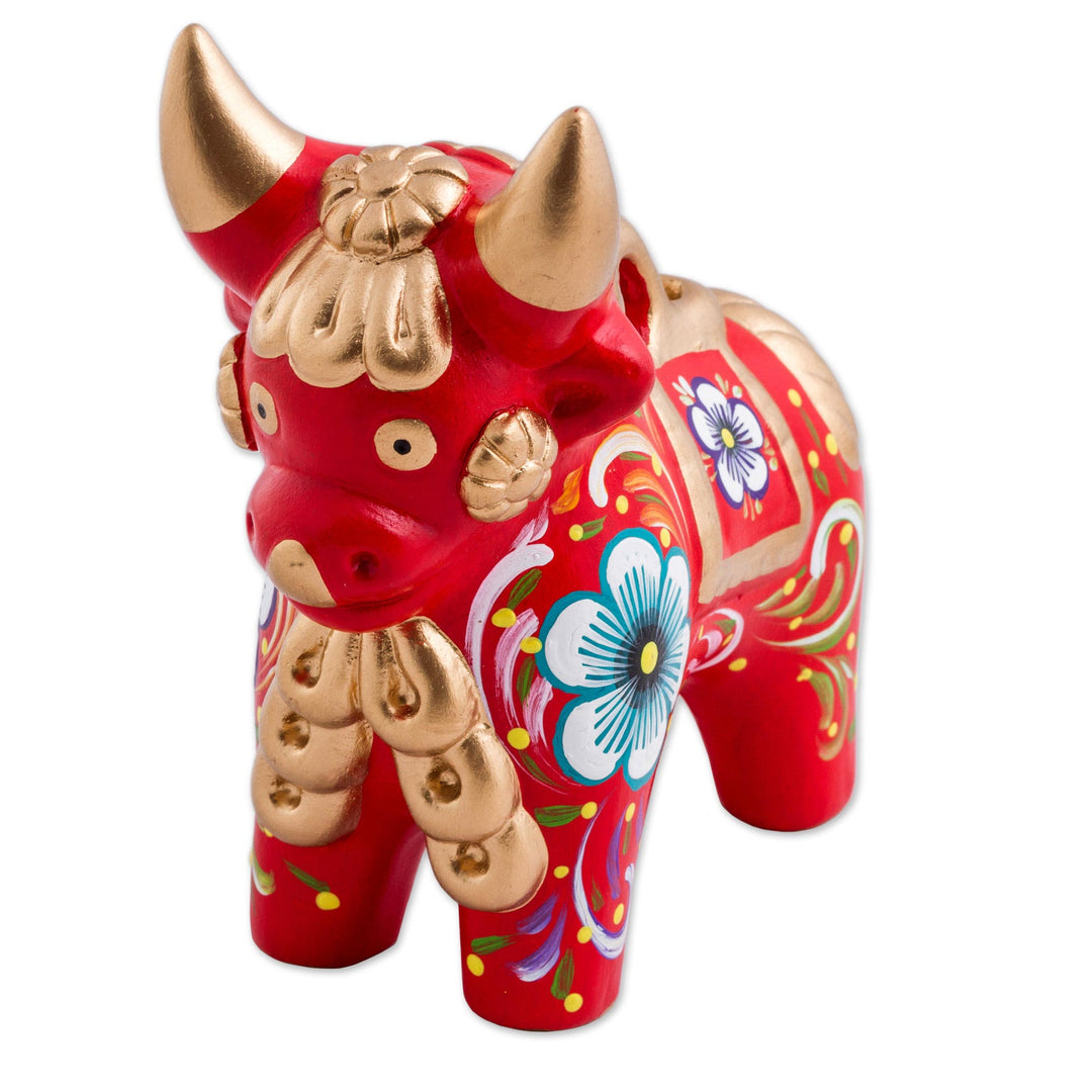 Red Painted Ceramic Bull Folk Art Sculpture - Red Pucara Bull