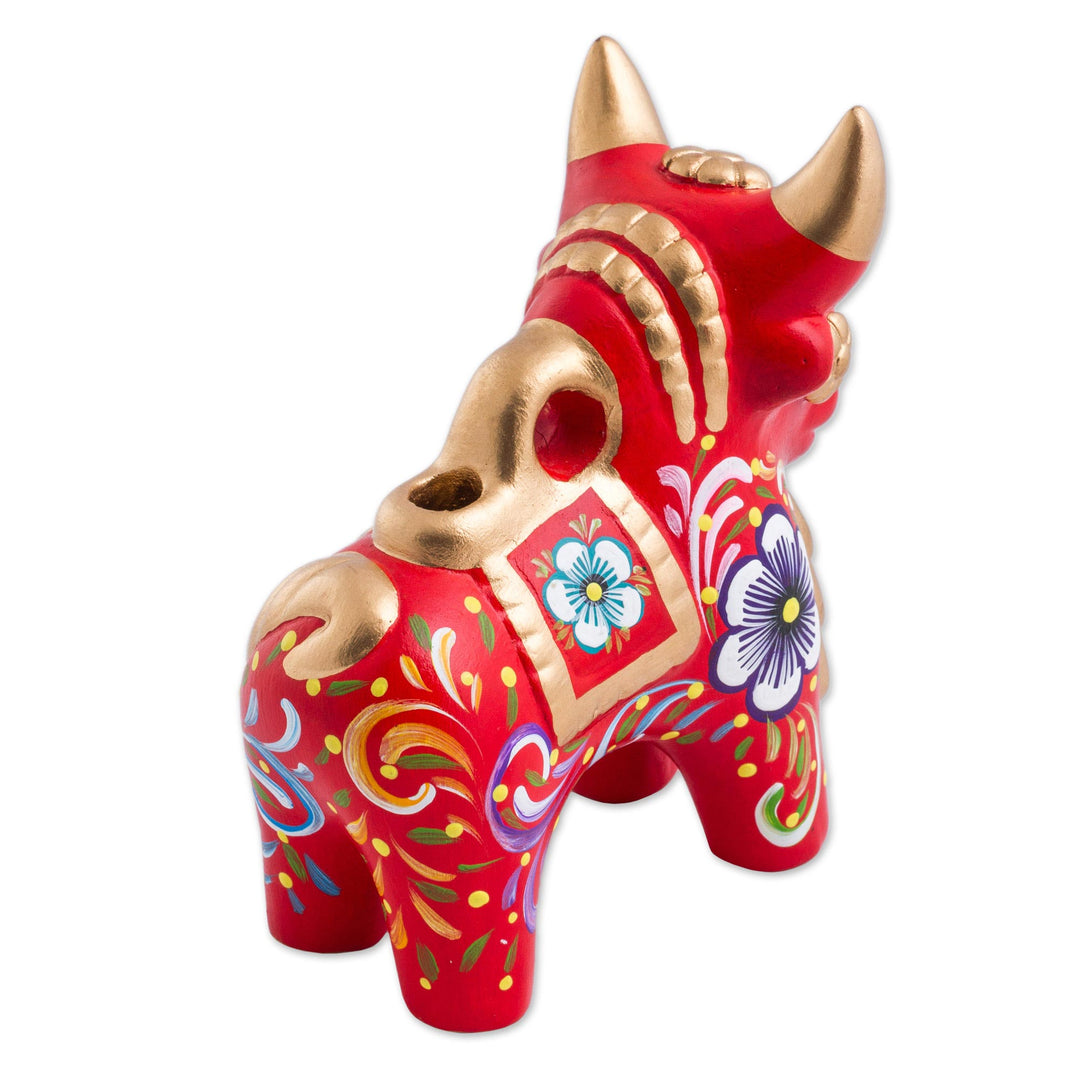 Red Painted Ceramic Bull Folk Art Sculpture - Red Pucara Bull