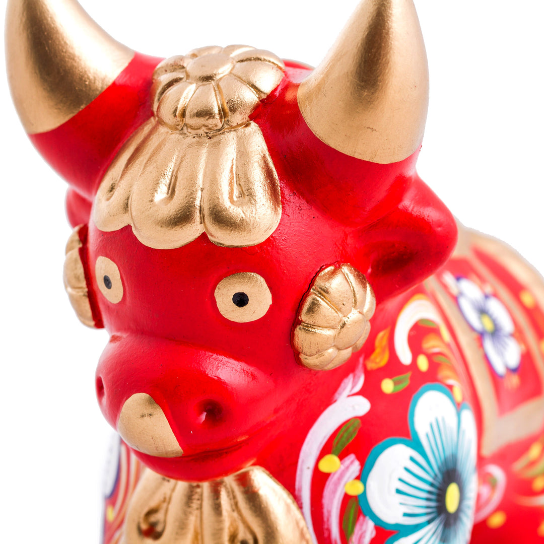 Red Painted Ceramic Bull Folk Art Sculpture - Red Pucara Bull