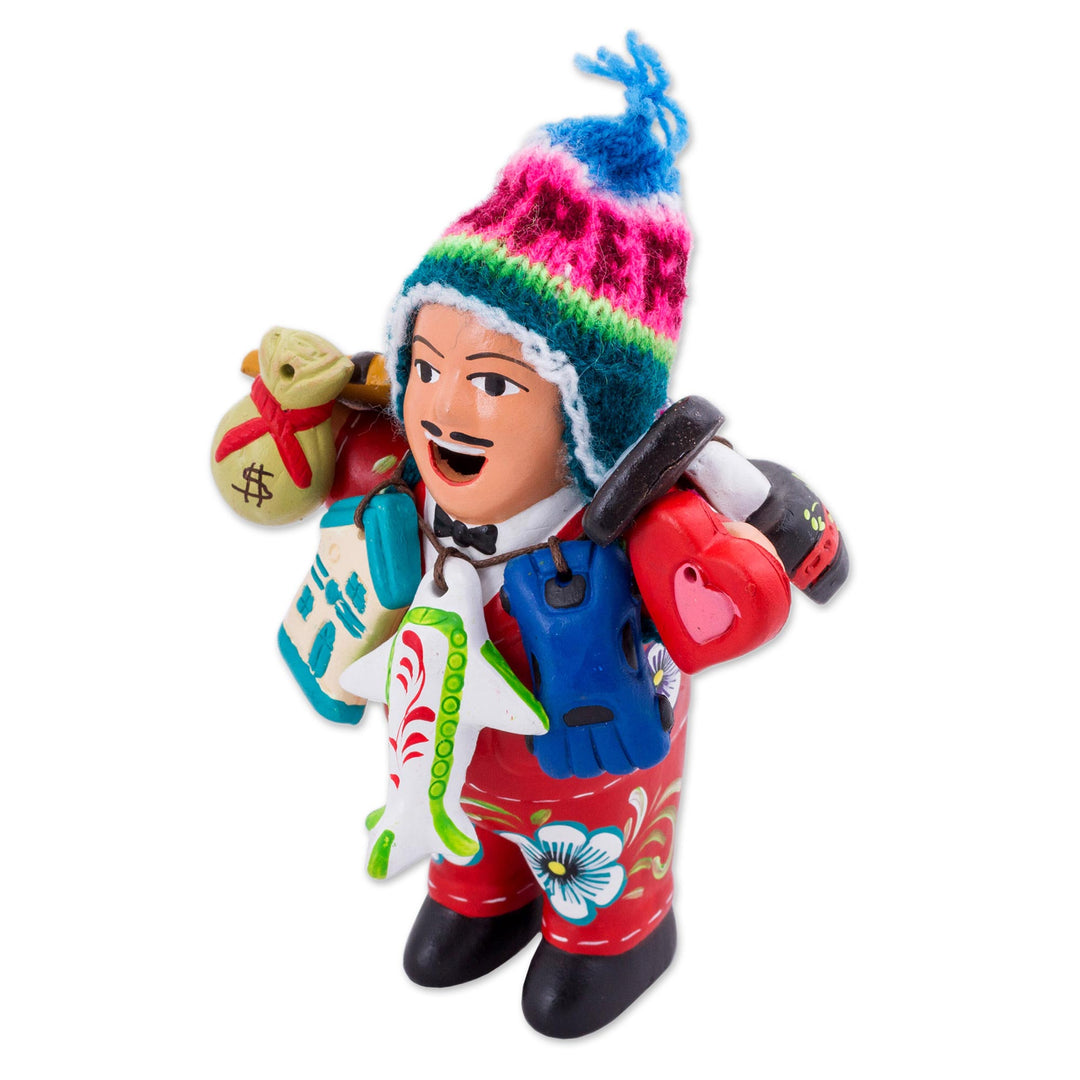 Ceramic Ekeko Sculpture with Wool Cap from Peru - Ekeko of Abundance in Red