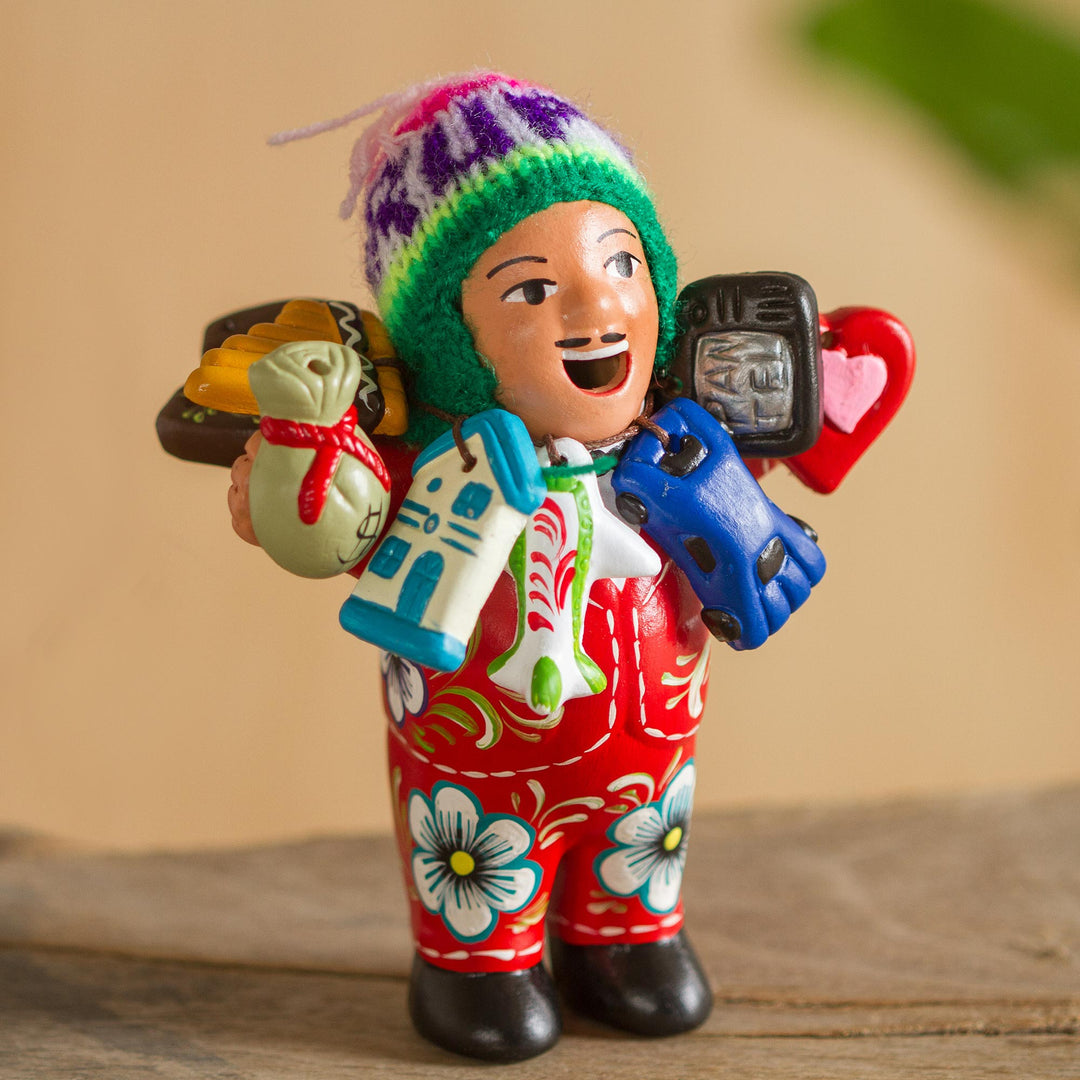 Ceramic Ekeko Sculpture with Wool Cap from Peru - Ekeko of Abundance in Red