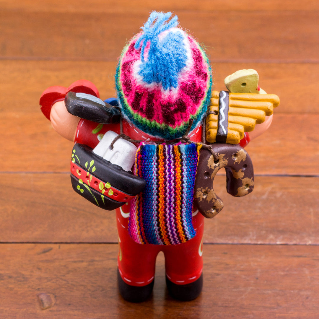 Ceramic Ekeko Sculpture with Wool Cap from Peru - Ekeko of Abundance in Red