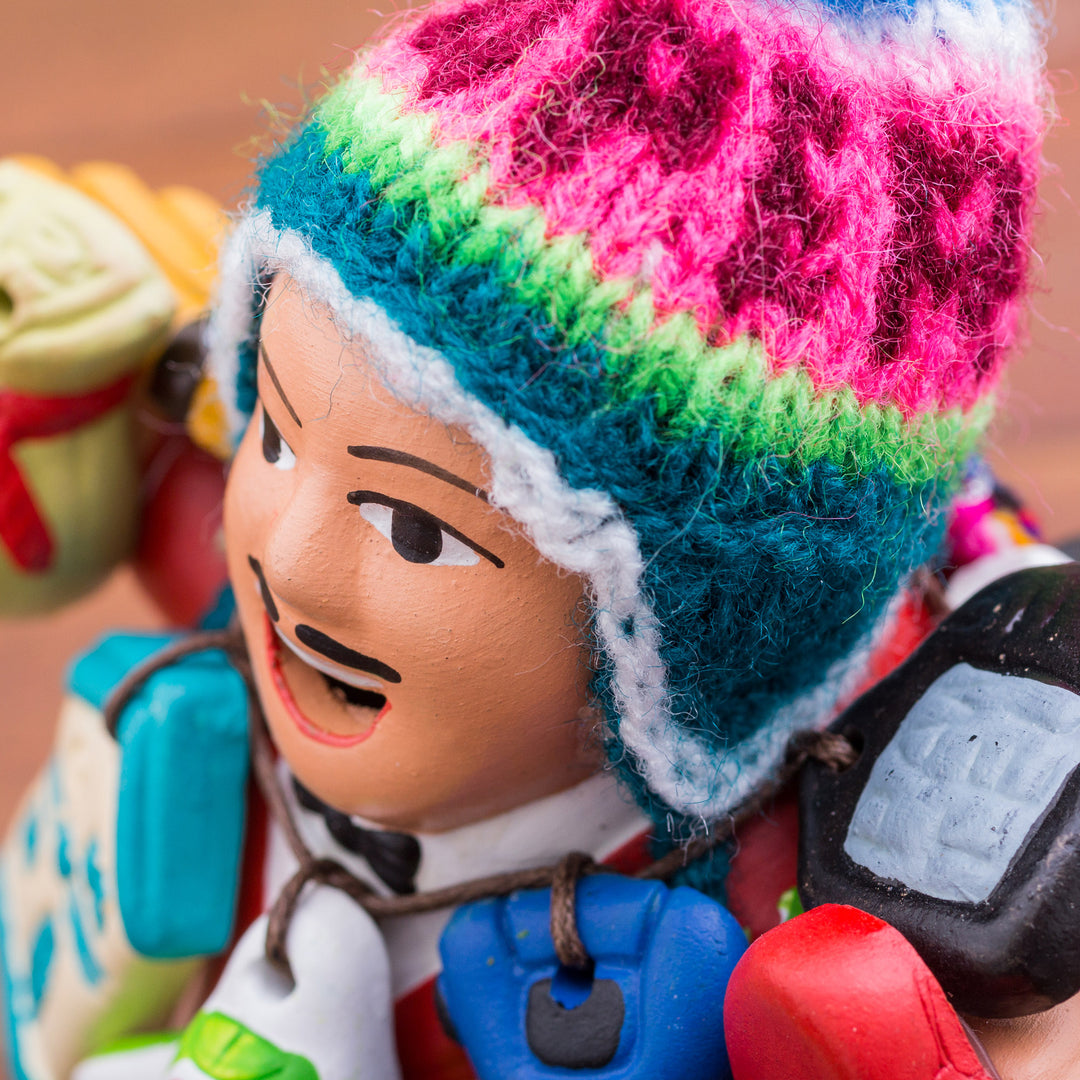 Ceramic Ekeko Sculpture with Wool Cap from Peru - Ekeko of Abundance in Red