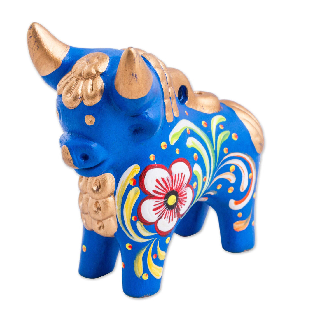 Hand Painted Blue Ceramic Bull Sculpture Floral from Peru - Blue Pucara Bull