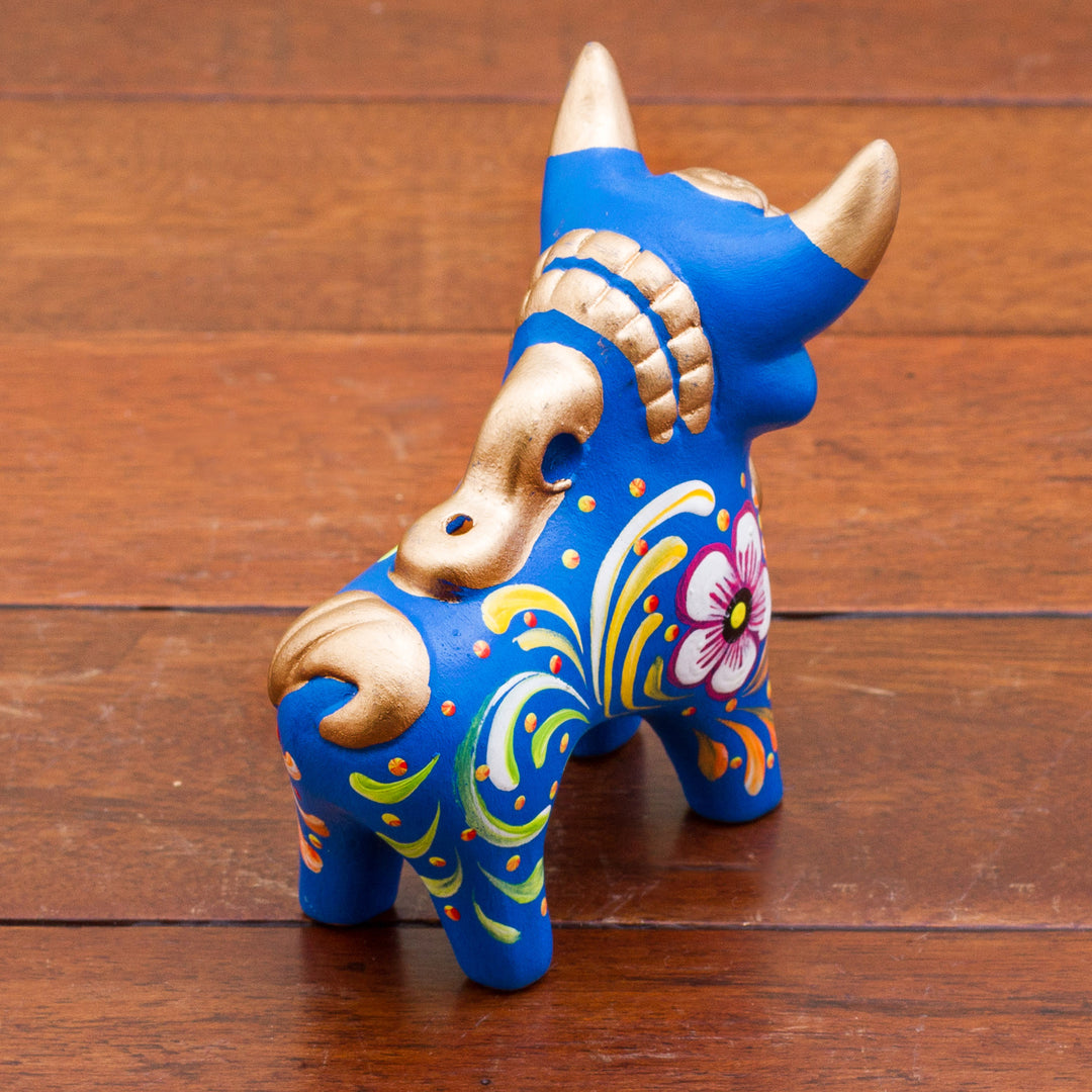 Hand Painted Blue Ceramic Bull Sculpture Floral from Peru - Blue Pucara Bull