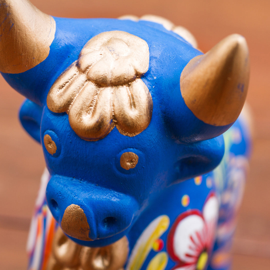 Hand Painted Blue Ceramic Bull Sculpture Floral from Peru - Blue Pucara Bull