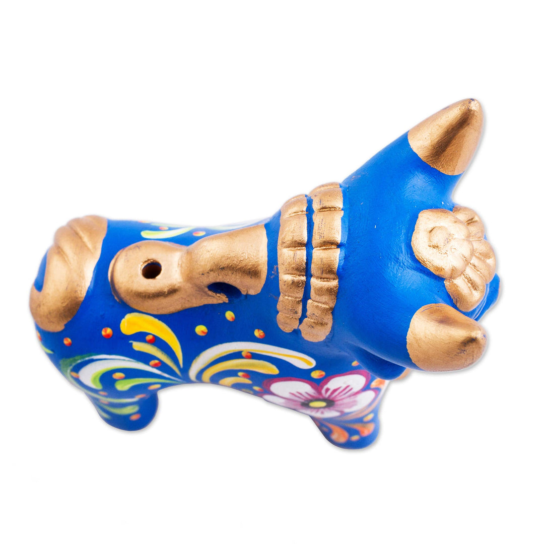 Hand Painted Blue Ceramic Bull Sculpture Floral from Peru - Blue Pucara Bull
