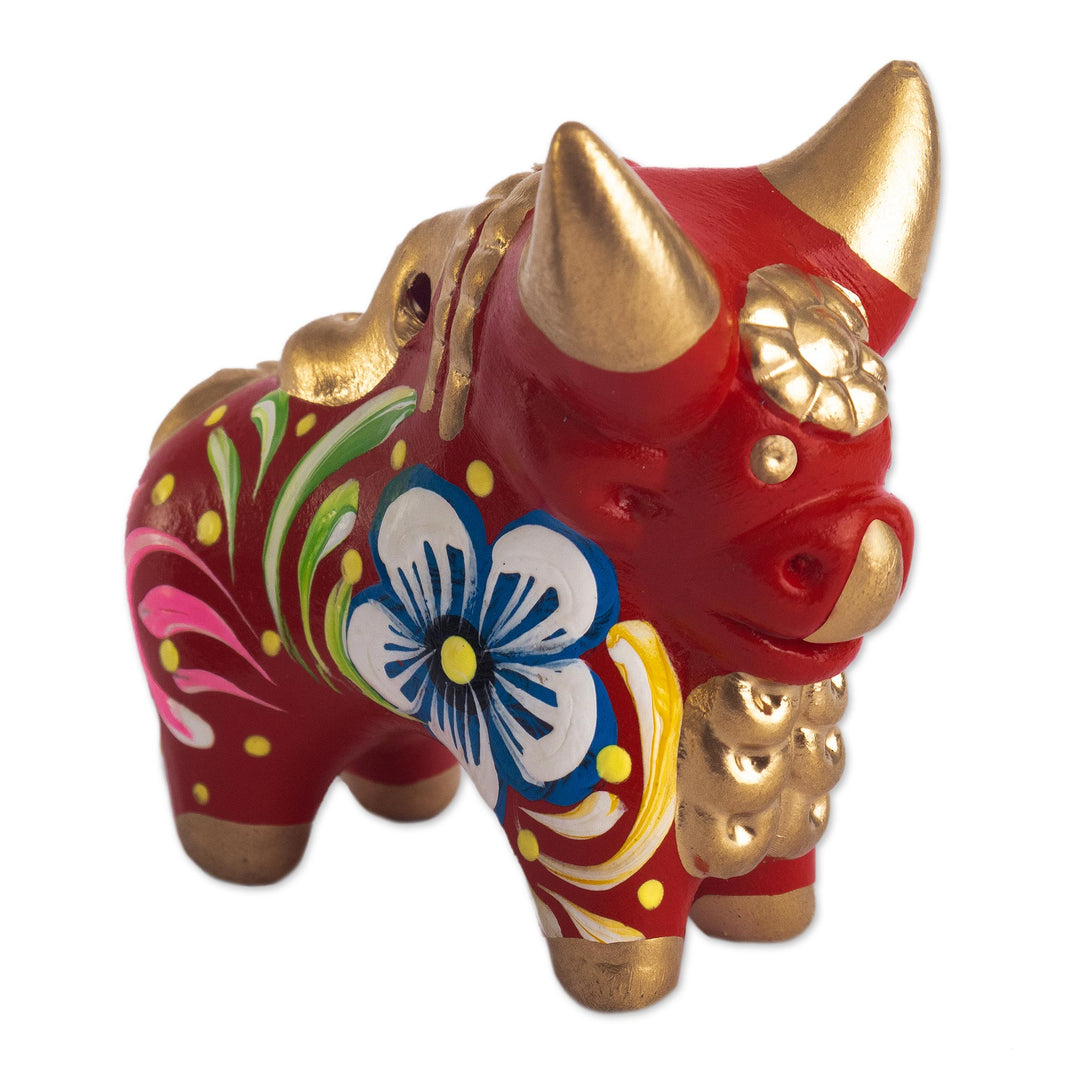 Ceramic Hand Painted Pucará Bull Sculpture from Peru - Little Red Pucara Bull