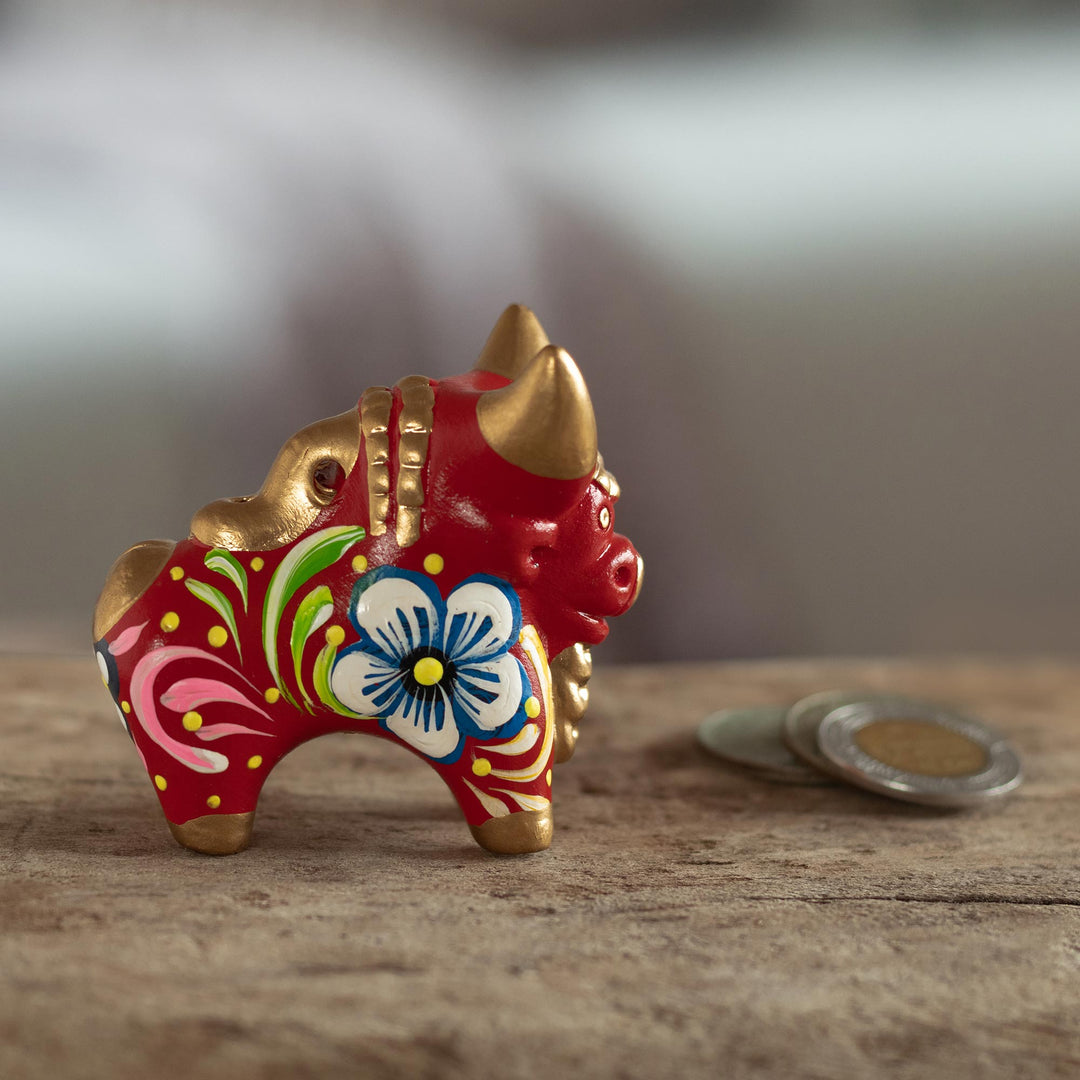 Ceramic Hand Painted Pucará Bull Sculpture from Peru - Little Red Pucara Bull