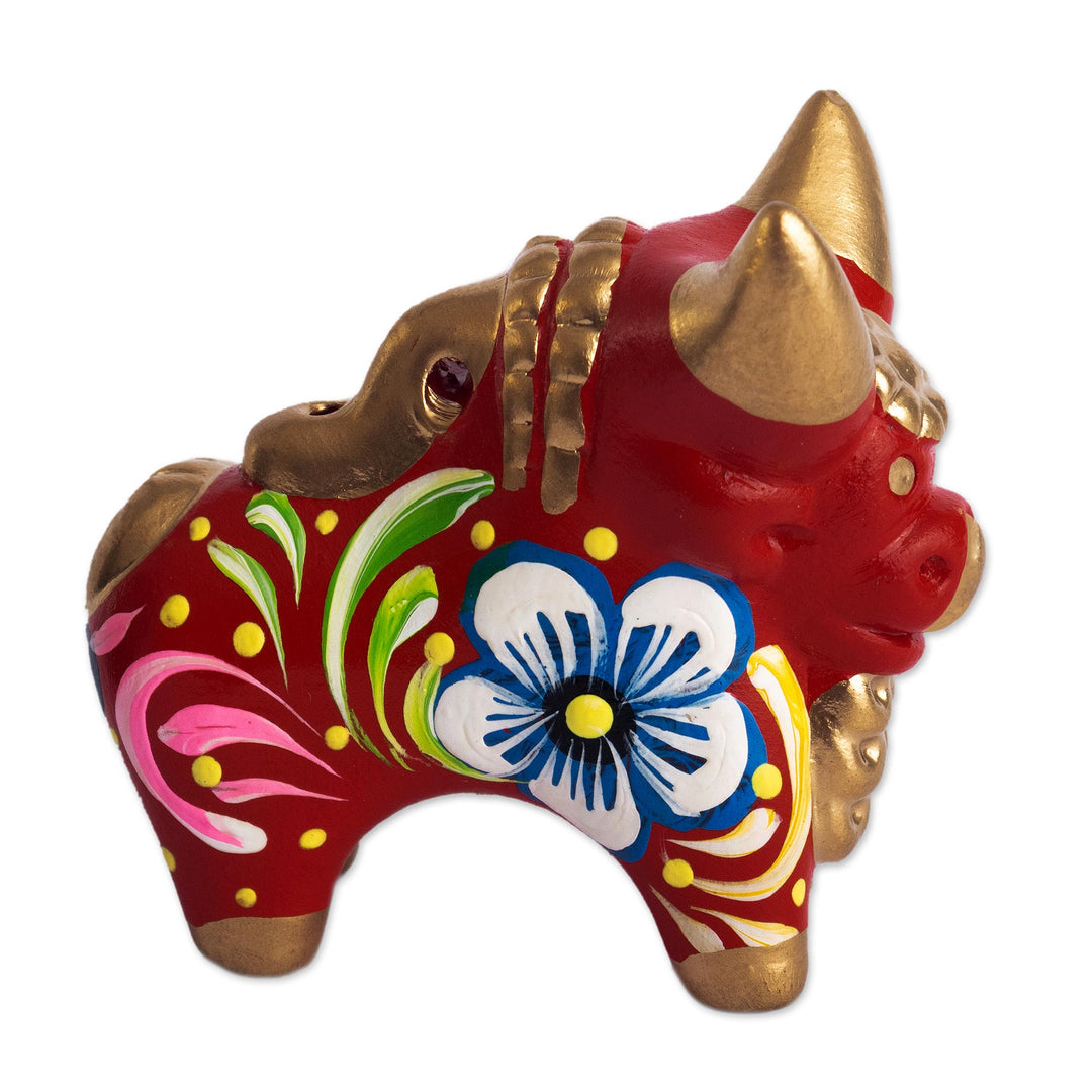 Ceramic Hand Painted Pucará Bull Sculpture from Peru - Little Red Pucara Bull