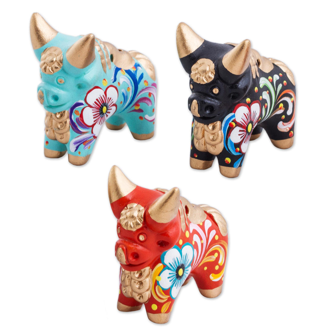 Handcrafted Multicolor Set of Three Bull Figurines - Little Pucara Bulls