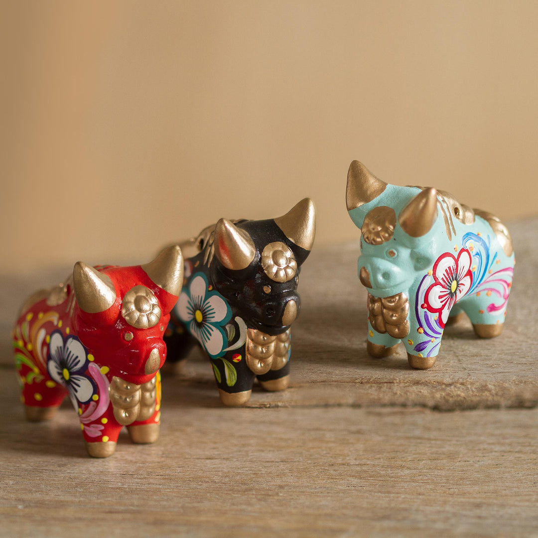 Handcrafted Multicolor Set of Three Bull Figurines - Little Pucara Bulls