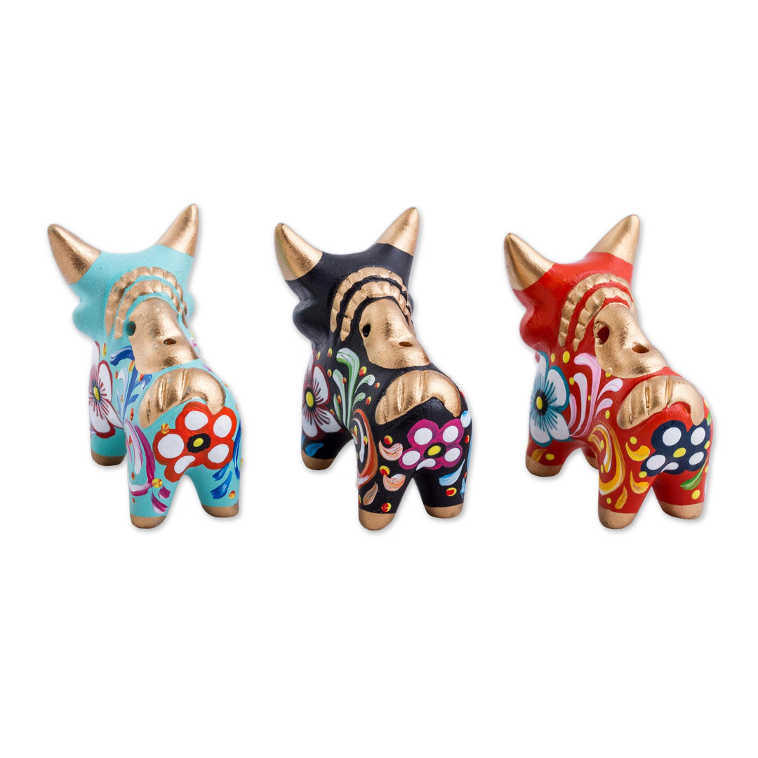 Handcrafted Multicolor Set of Three Bull Figurines - Little Pucara Bulls