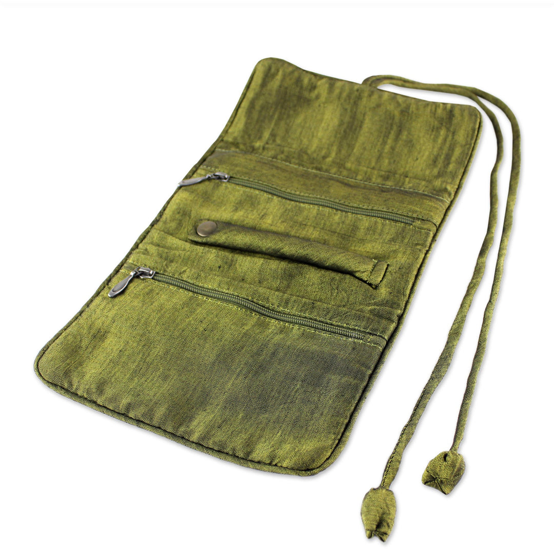 Rayon Silk Blend Jewelry Roll Floral Olive Motif Thailand - Olive Floral Journey