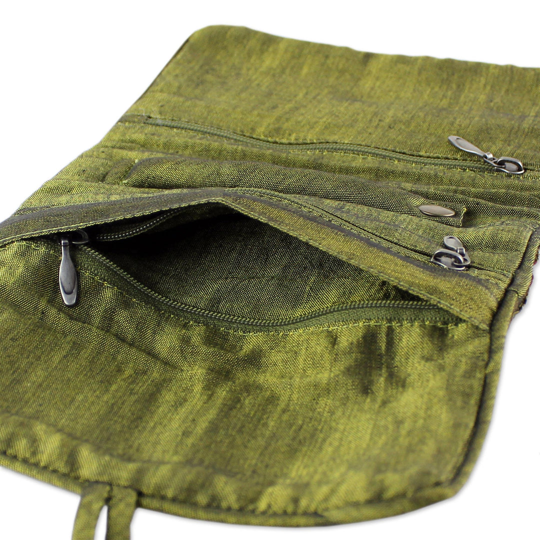 Rayon Silk Blend Jewelry Roll Floral Olive Motif Thailand - Olive Floral Journey