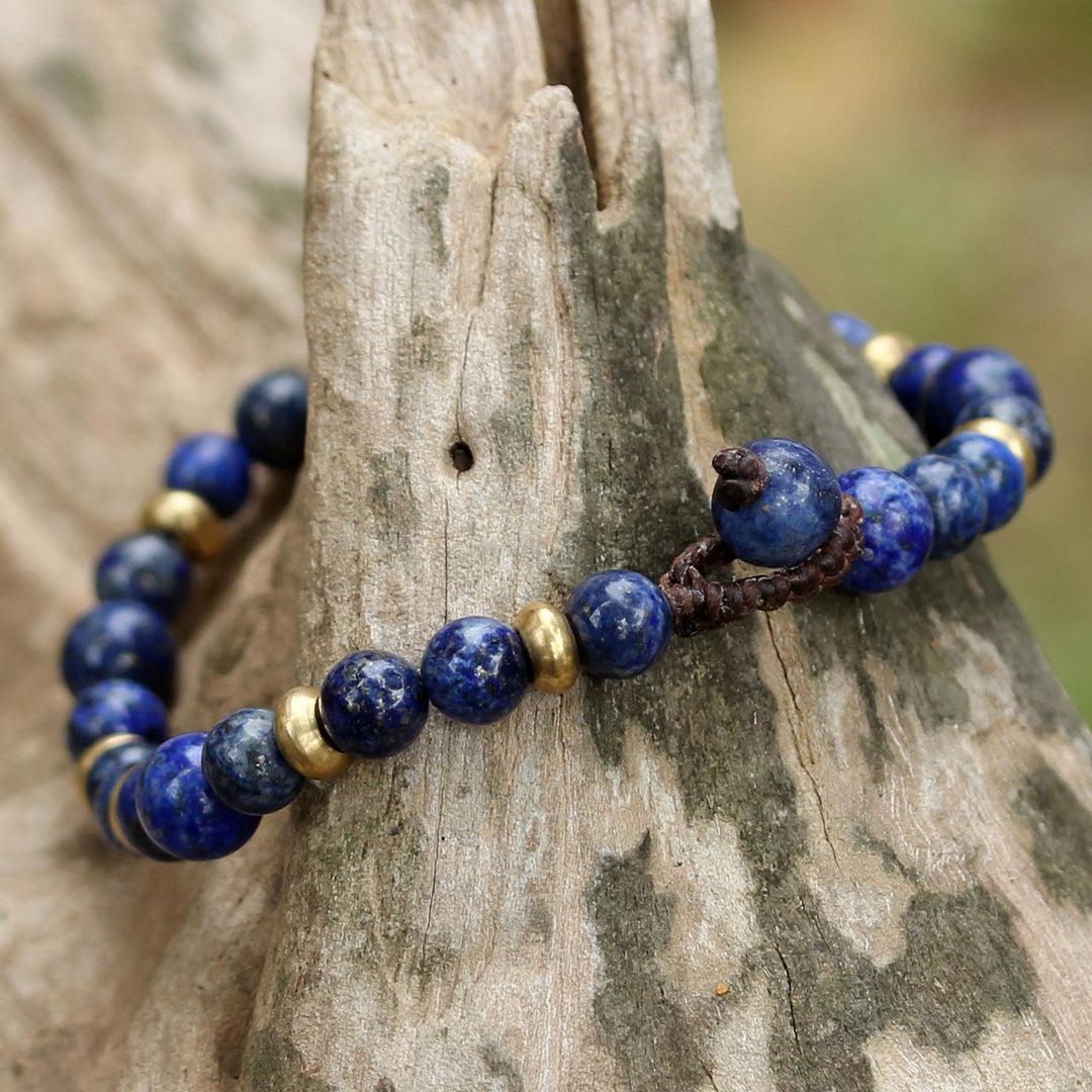 Lapis Lazuli and Brass Beaded Bracelet from Thailand - Beautiful Thai in Blue