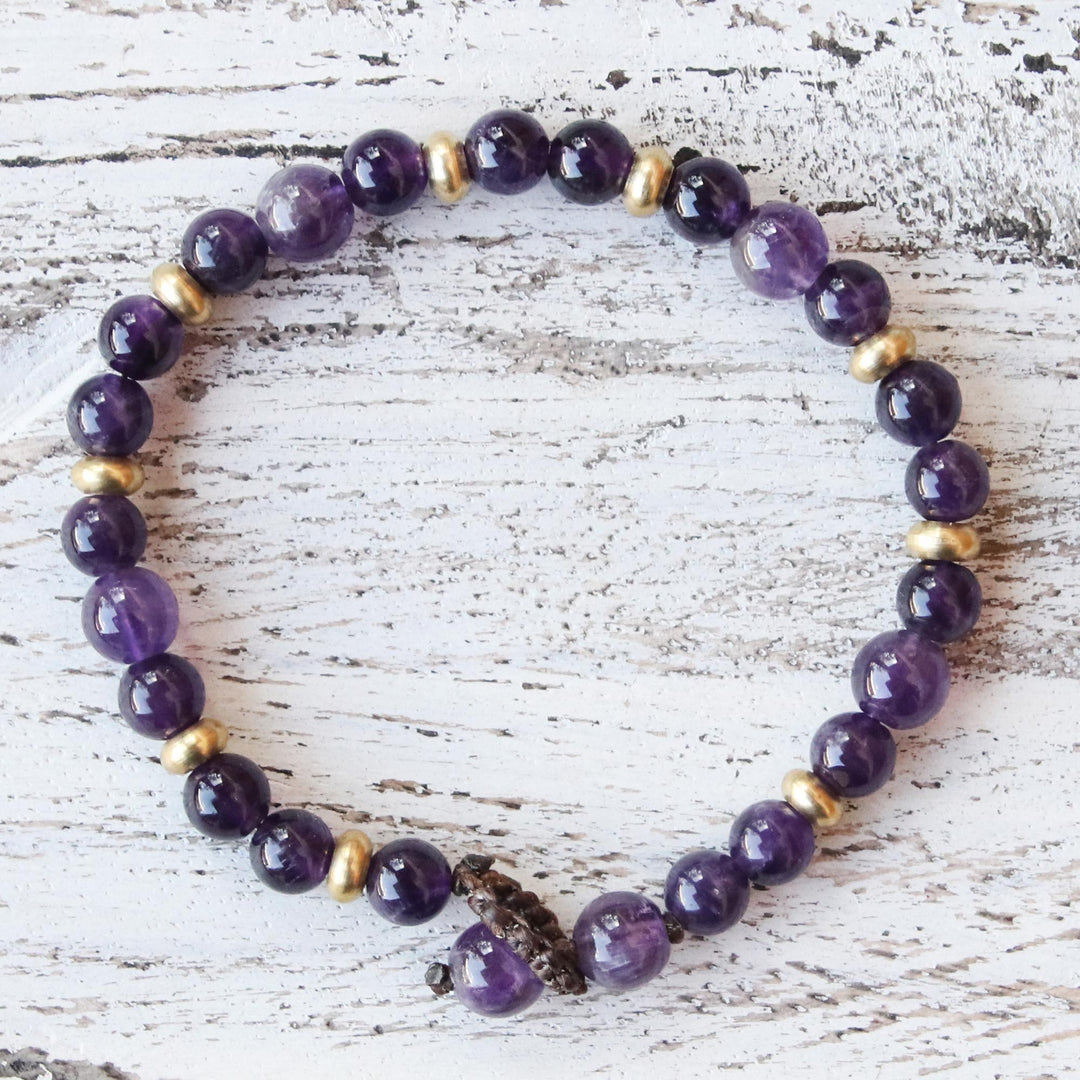 Amethyst and Brass Beaded Bracelet from Thailand - Beautiful Thai in Purple