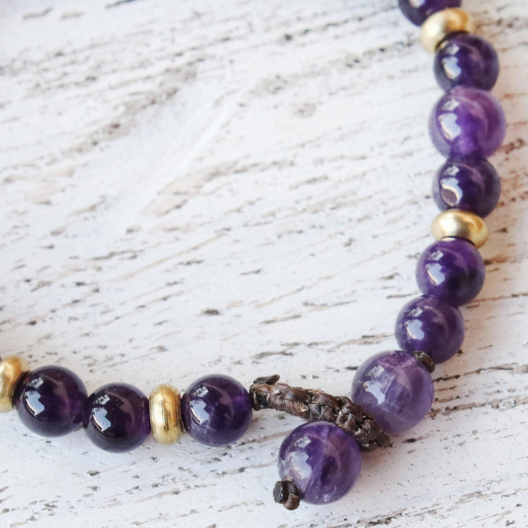 Amethyst and Brass Beaded Bracelet from Thailand - Beautiful Thai in Purple