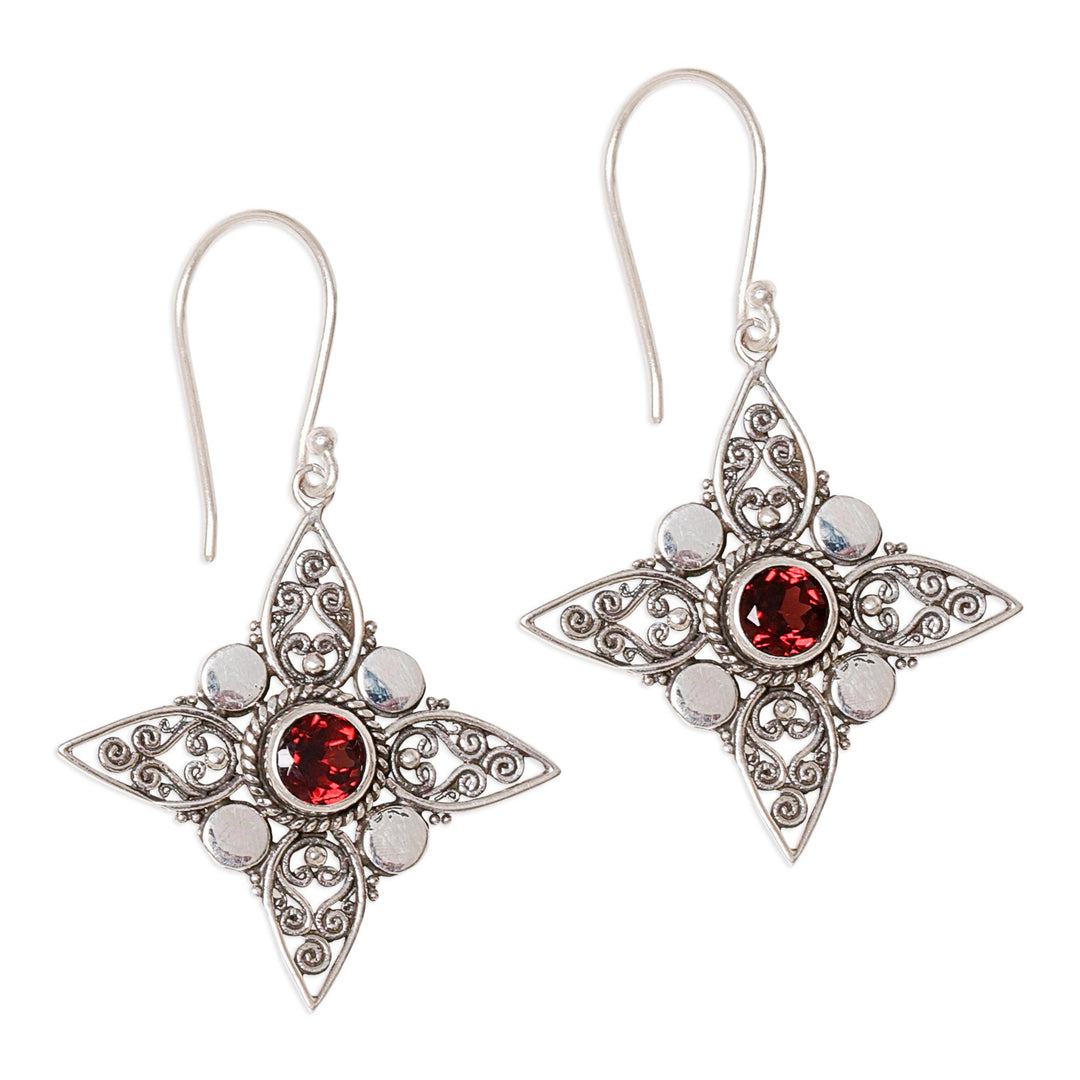Sterling Silver Garnet Dangle Earrings from Indonesia - Four-Pointed Stars
