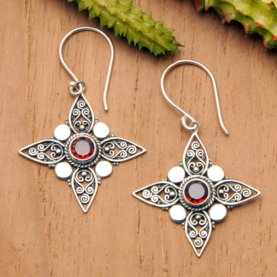 Sterling Silver Garnet Dangle Earrings from Indonesia - Four-Pointed Stars