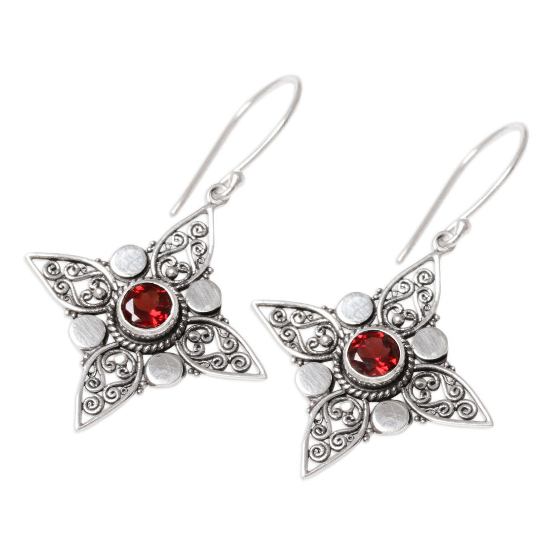 Sterling Silver Garnet Dangle Earrings from Indonesia - Four-Pointed Stars