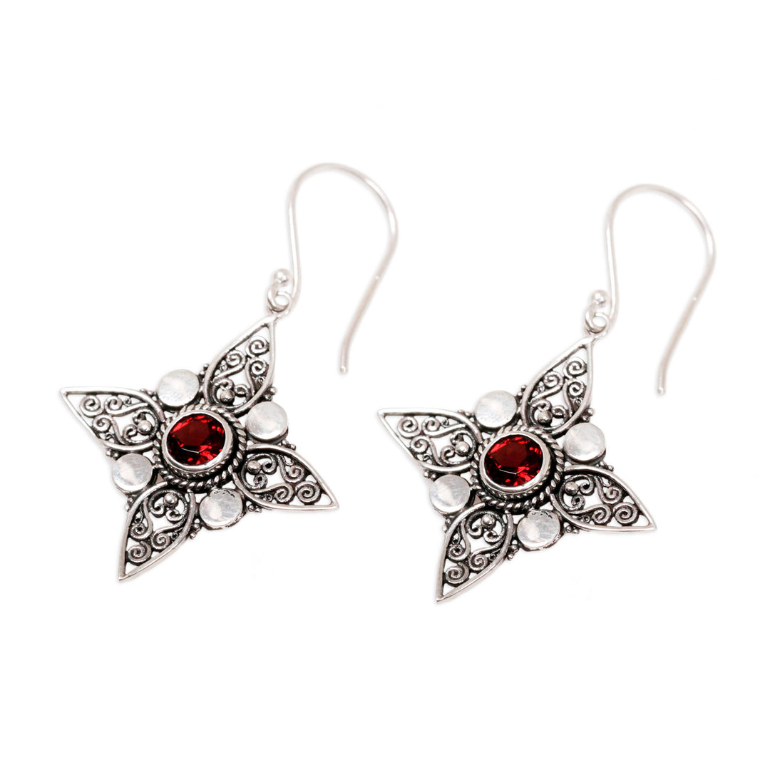 Sterling Silver Garnet Dangle Earrings from Indonesia - Four-Pointed Stars