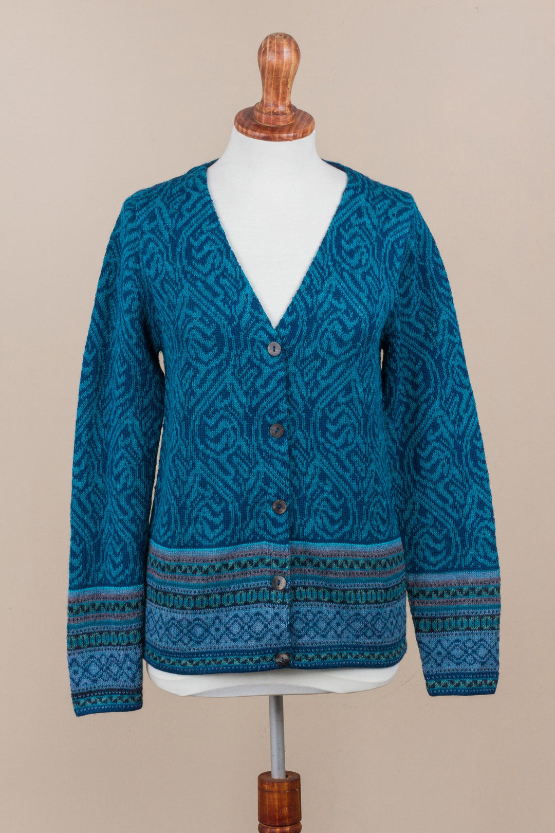 Teal 100% Alpaca Wool Cardigan Sweater from Peru - Dreamy Blues