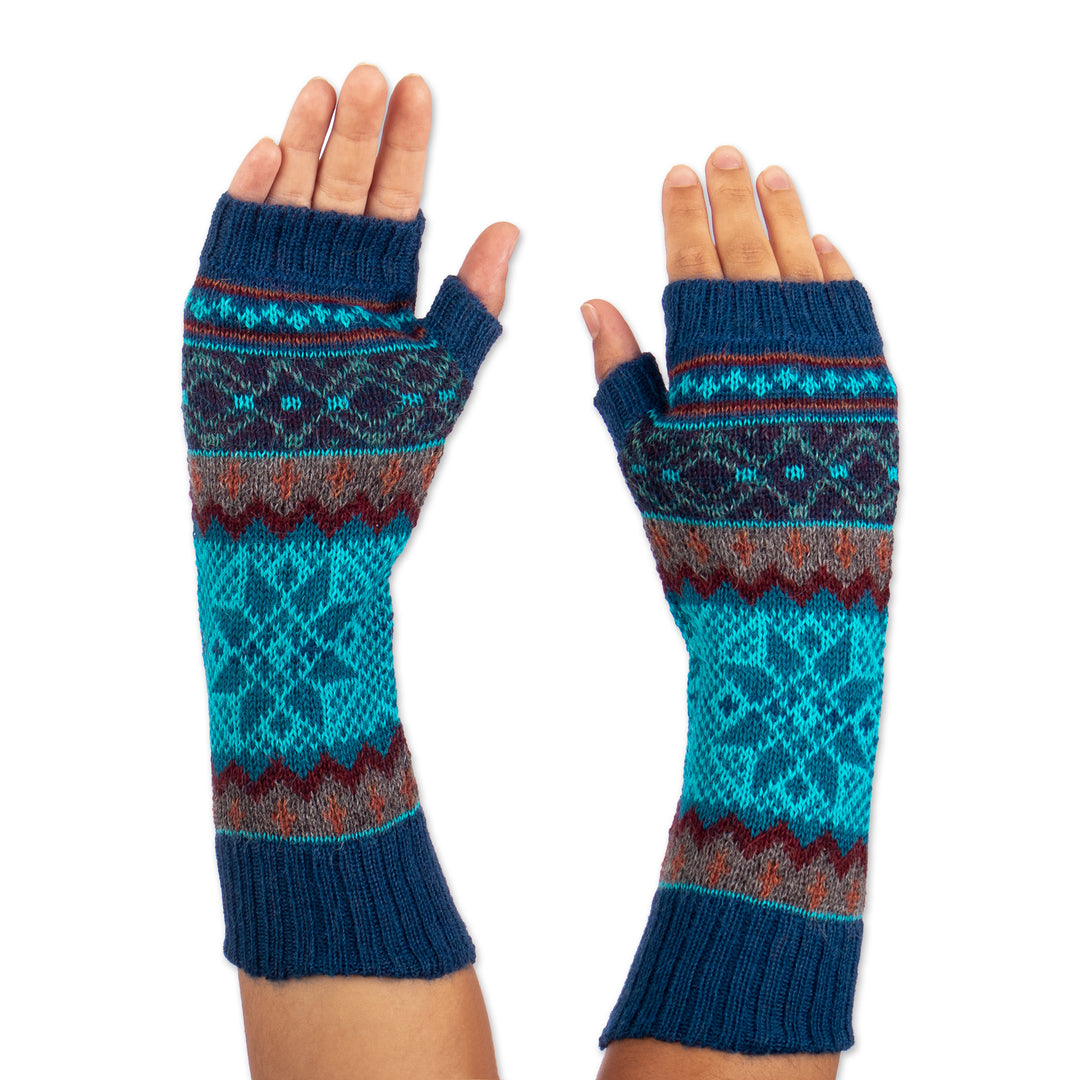 100% Alpaca Fingerless Gloves in Azure and Smoke from Peru - Andean Snowfall